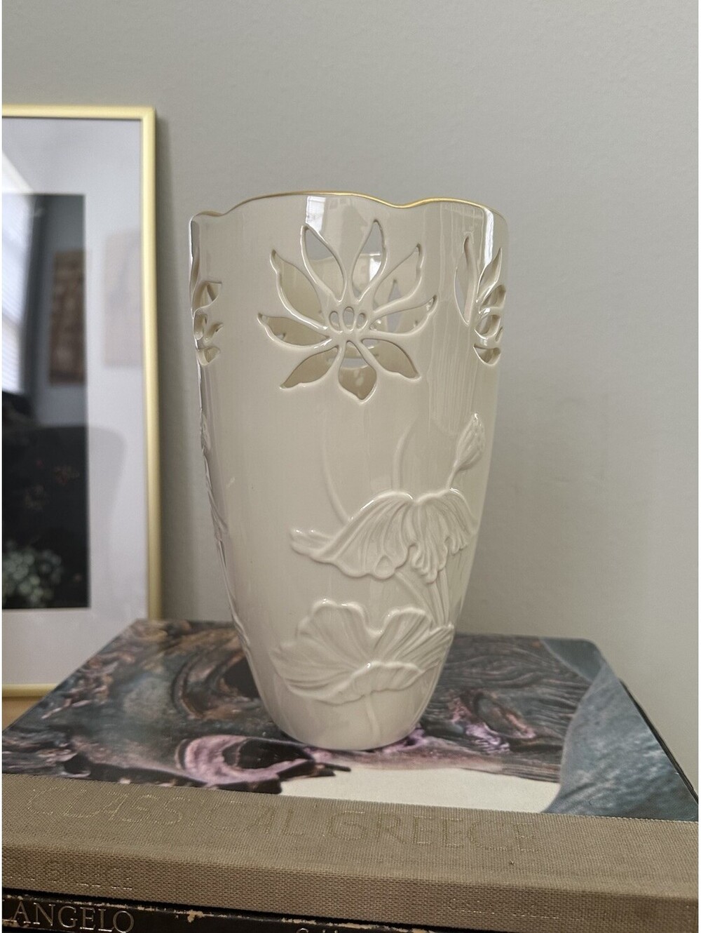 Lenox Westbury Collection Tall 8" Vase Ivory with Gold & Flower Cutouts